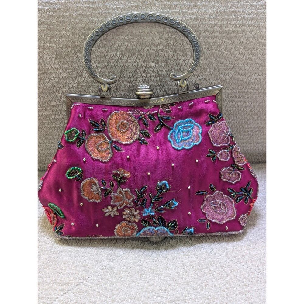 Vintage Beaded Satin Kiss Lock Bag Y2K Evening Purse Statement Wedding Guest - Picture 2 of 10